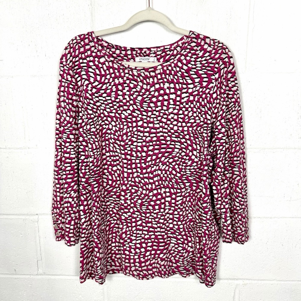 Chicos Womens Tunic Size XL Pink Dot Cotton/Modal Fun Artsy Maximalist Office